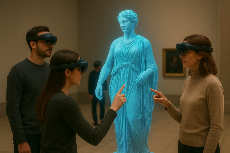 tre persone interagiscono con un ologramma di una statua utilizzando la mixed reality