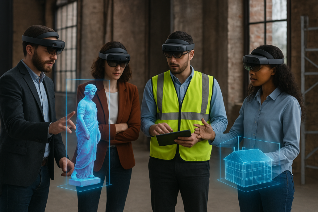 4 professionisti lavorano assieme utilizzando i visori di mixed reality